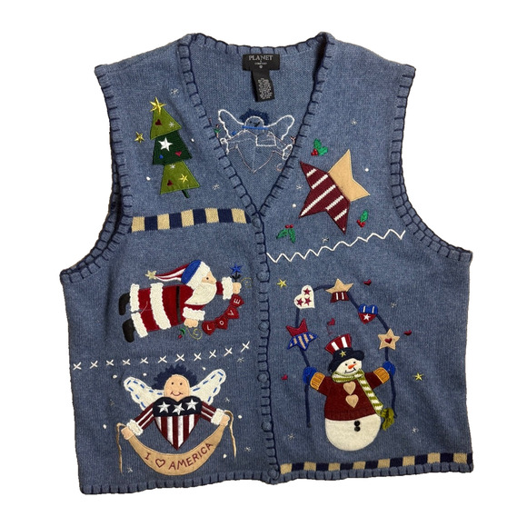 Christmas Sweater Vest America USA Snowman Santa Star Angel Blue Sz 3X Granny - Picture 1 of 8